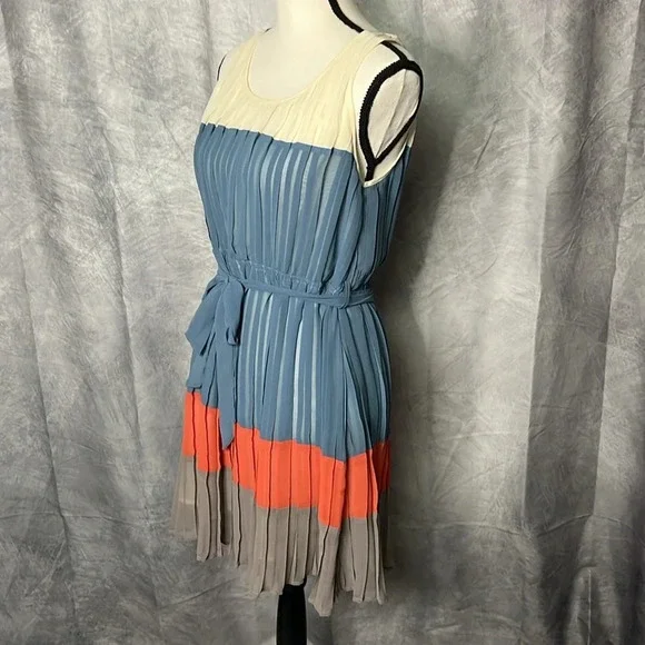 Blu Pepper Pleated Cream, Blue, Coral and Gray Dress - size Small - Picture 4 of 12